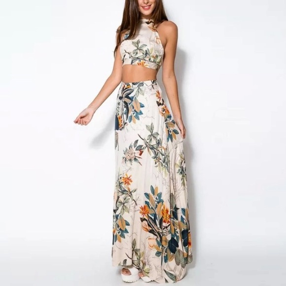 2 Piece Crop Top Maxi Skirt Tropical Floral Tiki - Picture 2 of 6